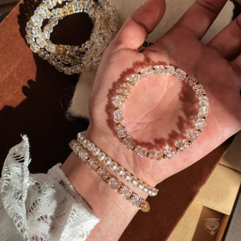 Diamond-Cut Clear Quartz Bead Bracelet for Women – 22K Gold Plated Accents