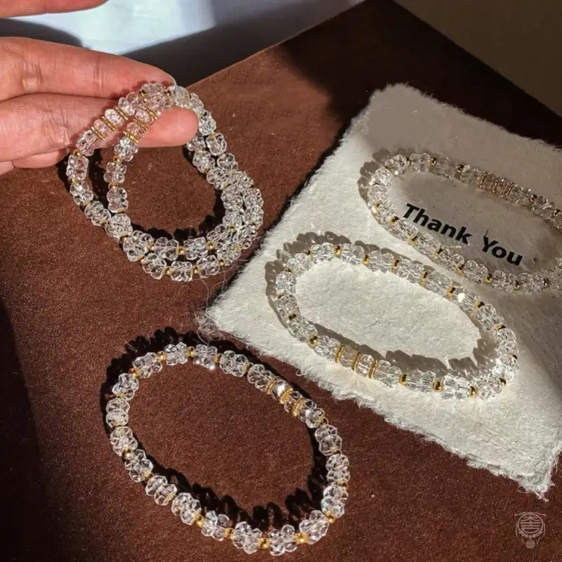Diamond-Cut Clear Quartz Bead Bracelet for Women – 22K Gold Plated Accents