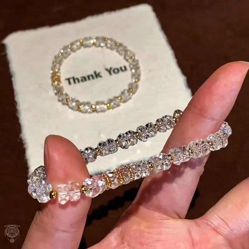 Diamond-Cut Clear Quartz Bead Bracelet for Women – 22K Gold Plated Accents