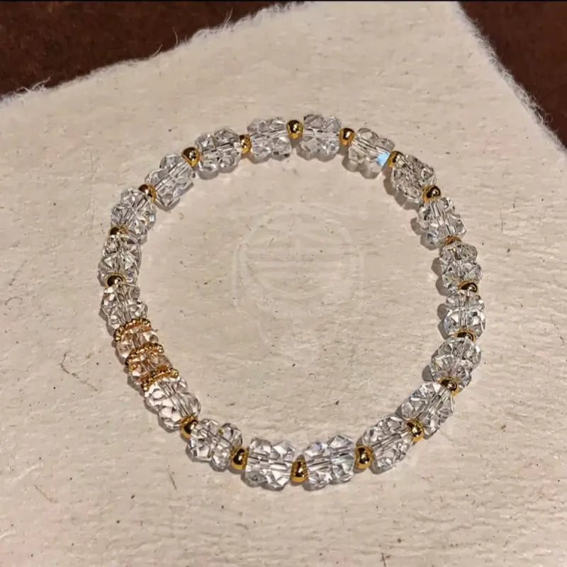 Diamond-Cut Clear Quartz Bead Bracelet for Women – 22K Gold Plated Accents