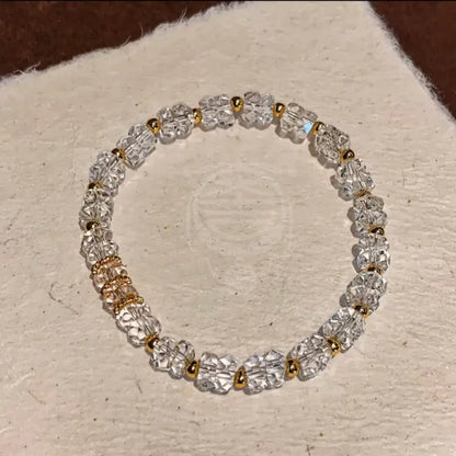 Diamond-Cut Clear Quartz Bead Bracelet for Women – 22K Gold Plated Accents
