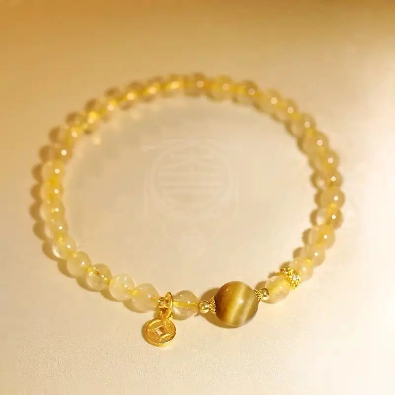 Natural Citrine & Golden Rutilated Quartz Single-Strand Bead Bracelet