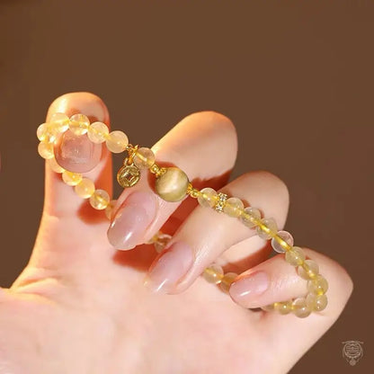 Natural Citrine & Golden Rutilated Quartz Single-Strand Bead Bracelet