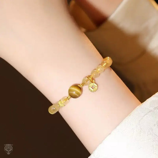 Natural Citrine & Golden Rutilated Quartz Single-Strand Bead Bracelet
