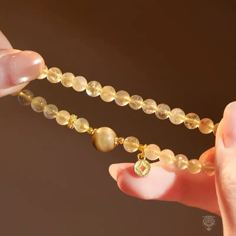 Natural Citrine & Golden Rutilated Quartz Single-Strand Bead Bracelet