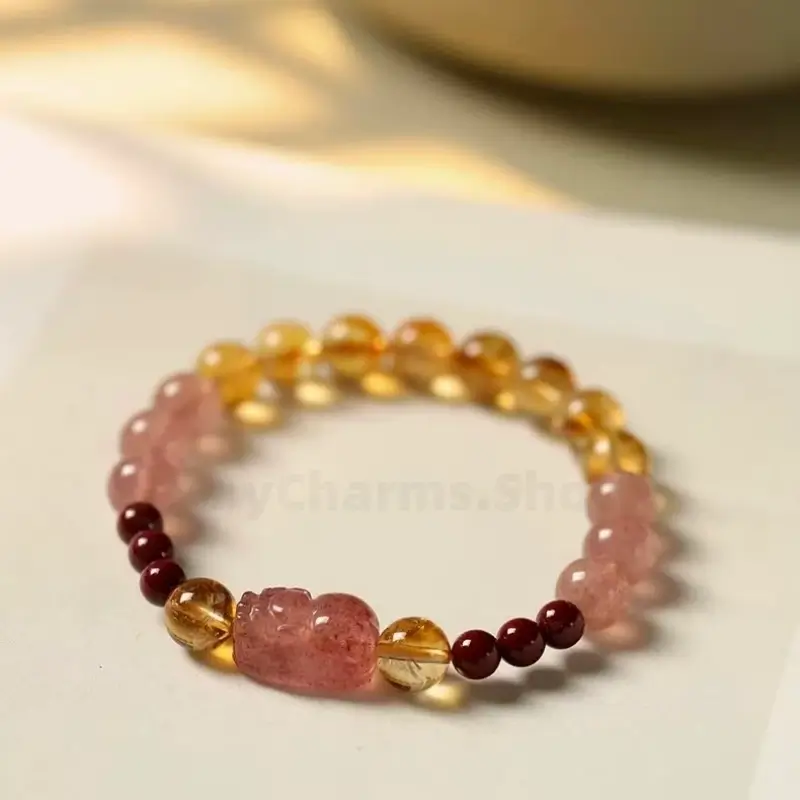 Citrine & Cinnabar Beaded Pixiu Strawberry Quartz Wealth & Luck Bracelet-LuckyCharms.Shop