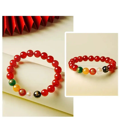 Five Elements blessing jewelry featuring 10mm red carnelian beads combined with green, yellow, white, and black agate