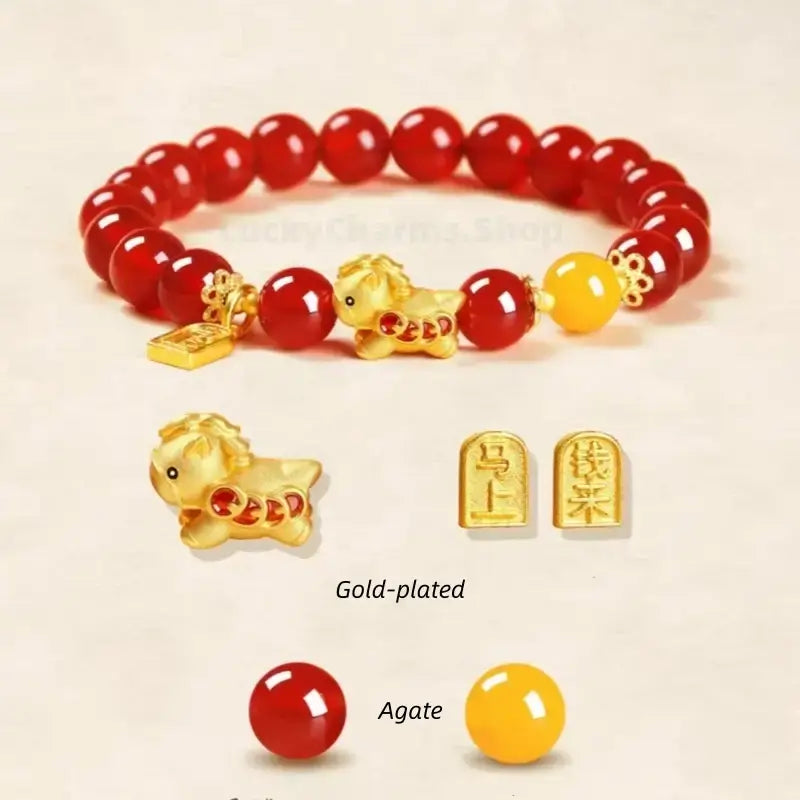 Immediate Wealth Natural Agate Gold-Plated Horse Bracelet | 2026 Year of the Horse Lucky Jewelry-LuckyCharms.Shop