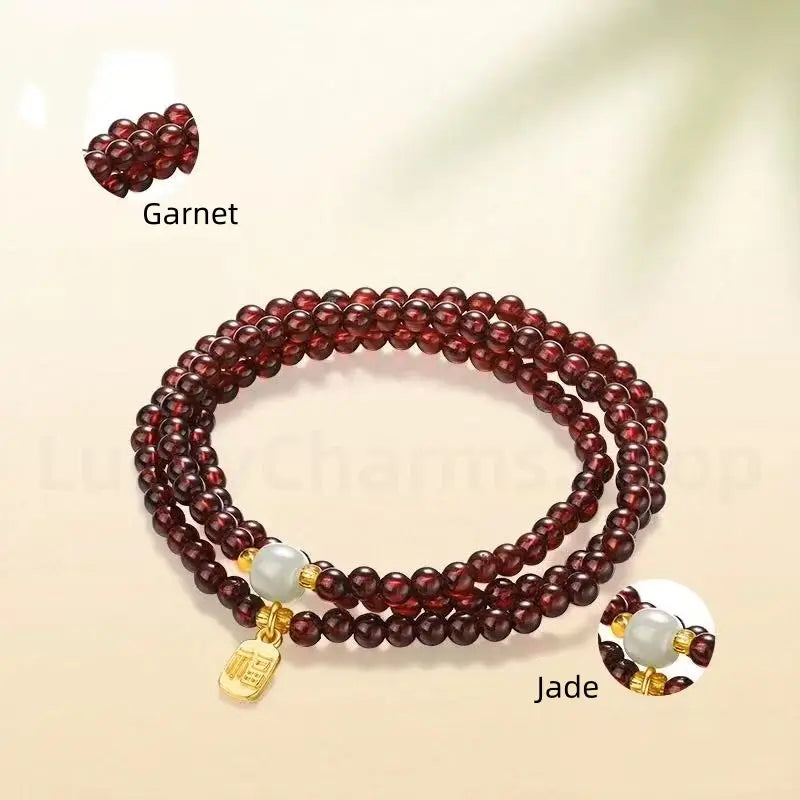 Natural Garnet Luck-Turning Bead & Fortune Charm Three-strand Wrap Bracelet-LuckyCharms.Shop