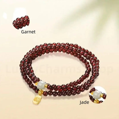 Natural Garnet Luck-Turning Bead & Fortune Charm Three-strand Wrap Bracelet-LuckyCharms.Shop