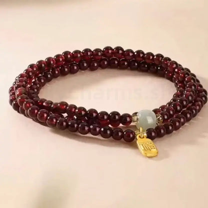 Natural Garnet Luck-Turning Bead & Fortune Charm Three-strand Wrap Bracelet-LuckyCharms.Shop