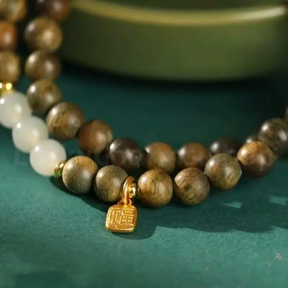 Fortune Pendant Hetian Jade Bead Green Sandalwood Beaded Bracelet-LuckyCharms.Shop