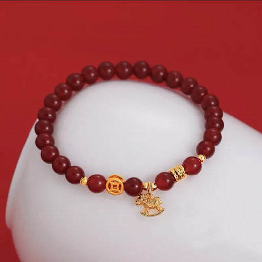 Bracelet porte-bonheur en agate rouge naturelle, motif poney, pour femme