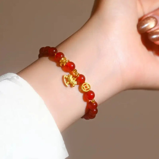 Bracelet porte-bonheur en agate rouge naturelle, motif poney, pour femme