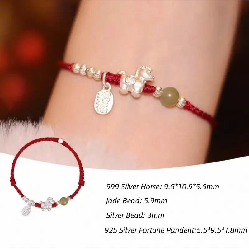 Horse Treading on Good Fortune Natural Cinnabar 999 Fine Silver Horse Red Bracelet & Beaded Bracelet Set-LuckyCharms.Shop