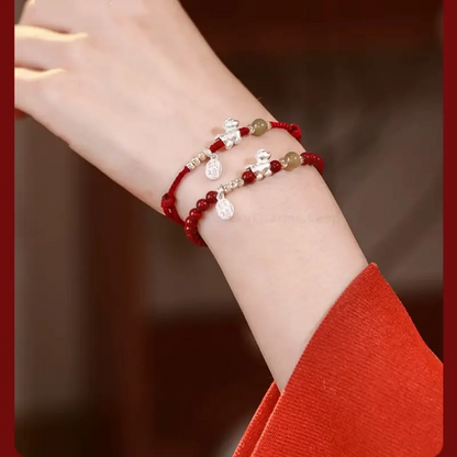 Horse Treading on Good Fortune Natural Cinnabar 999 Fine Silver Horse Red Bracelet & Beaded Bracelet Set-LuckyCharms.Shop