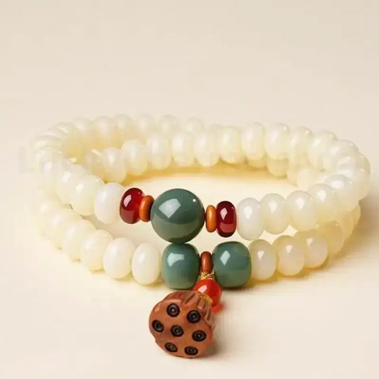 White Jade Bodhi Lotus Seedpod Double-strand Hand String for Wisdom Luck Protection-LuckyCharms.Shop