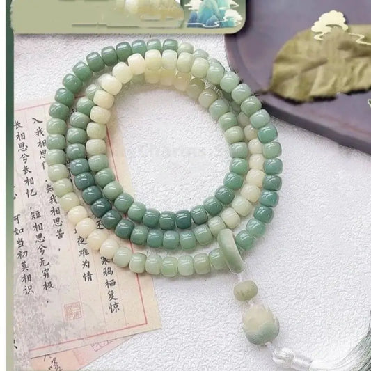 Gradient Green White Jade Bodhi 108-Bead Bracelet | Lotus Pendant Mala for Meditation & Daily Wear-LuckyCharms.Shop