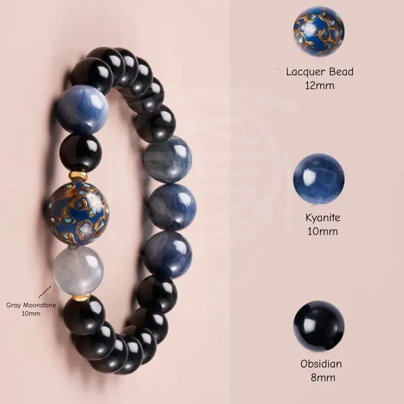 Heritage Lacquer & Gemstone Bracelet - Obsidian, Kyanite & Nacre Strand