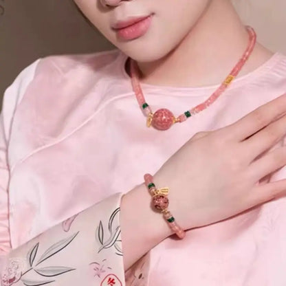 Intangible Heritage Lacquer Bead & Rose Pink Quartz Bracelet & Necklace