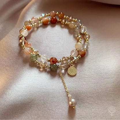 Natural Multi-Gemstone Double-Wrap Bracelet for Women – Pearl Pendant