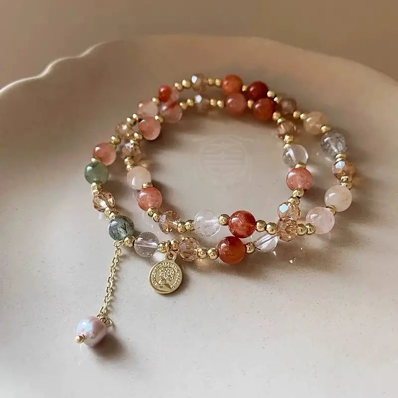 Natural Multi-Gemstone Double-Wrap Bracelet for Women – Pearl Pendant