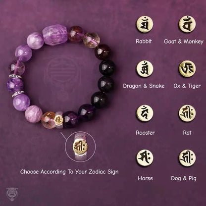 Armband mit Sternzeichen-Schutzperlen aus mehrfarbigem Quarz und Amethyst