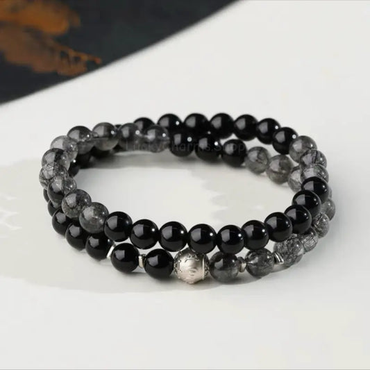 Obsidian & Black Rutilated Quartz Multi-Loop Bracelet - Potala Palace Blessed