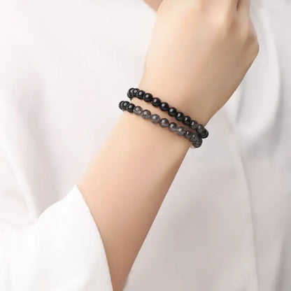 Bracelet multi-tours Obsidienne & Quartz rutile noir - Béni par le Palais du Potala