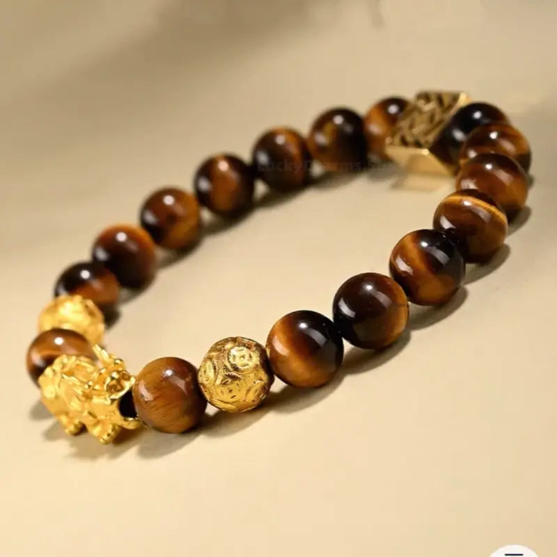 Putuo Mountain Blessed Yellow Tiger's Eye Bracelet | Gold-Plated Pixiu, Lucky Coin Beads, Elastic Design-LuckyCharms.Shop