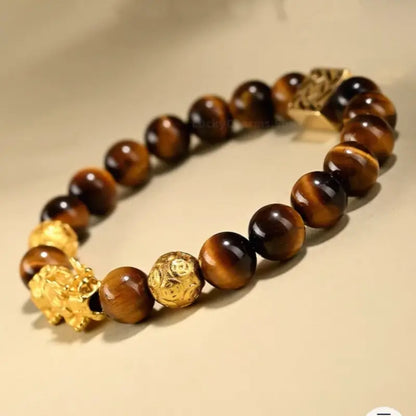 Putuo Mountain Blessed Yellow Tiger's Eye Bracelet | Gold-Plated Pixiu, Lucky Coin Beads, Elastic Design-LuckyCharms.Shop