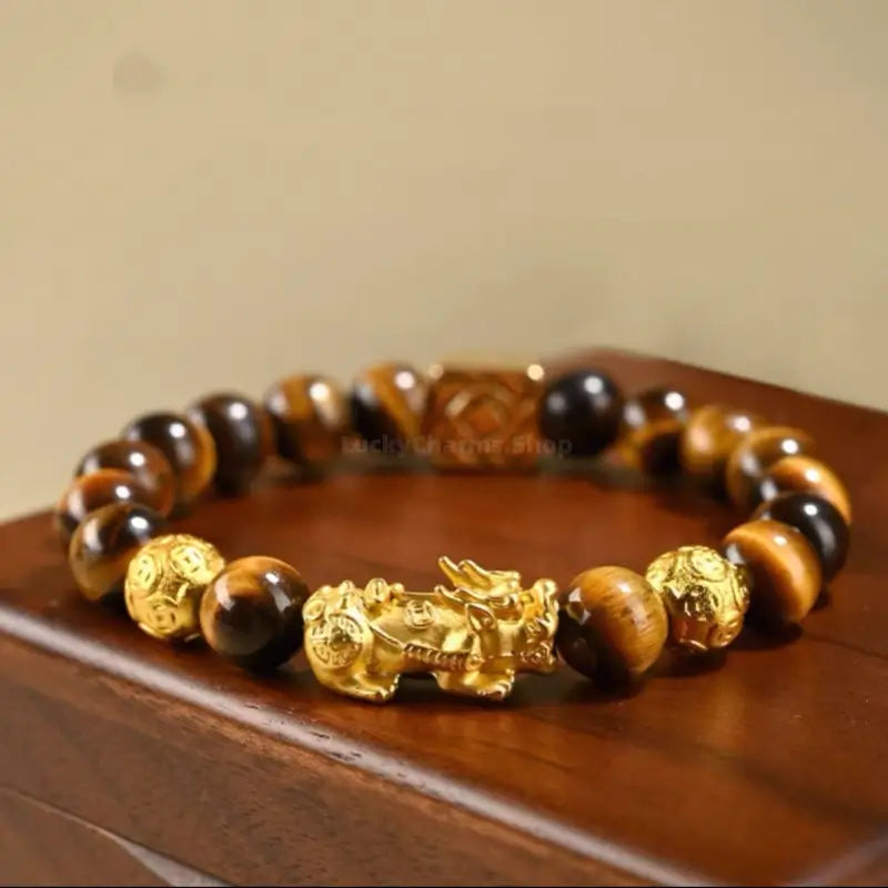 Putuo Mountain Blessed Yellow Tiger's Eye Bracelet | Gold-Plated Pixiu, Lucky Coin Beads, Elastic Design-LuckyCharms.Shop