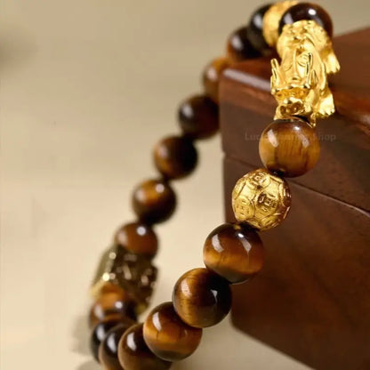 Putuo Mountain Blessed Yellow Tiger's Eye Bracelet | Gold-Plated Pixiu, Lucky Coin Beads, Elastic Design-LuckyCharms.Shop