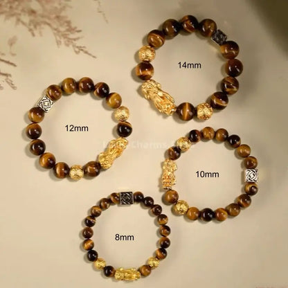 Putuo Mountain Blessed Yellow Tiger's Eye Bracelet | Gold-Plated Pixiu, Lucky Coin Beads, Elastic Design-LuckyCharms.Shop