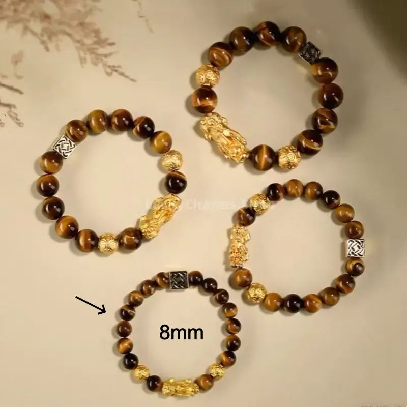 Putuo Mountain Blessed Yellow Tiger's Eye Bracelet | Gold-Plated Pixiu, Lucky Coin Beads, Elastic Design-LuckyCharms.Shop