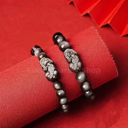 Natural Obsidian PIXIU Wealth-Attracting Men's Beaded Bracelet-LuckyCharms.Shop