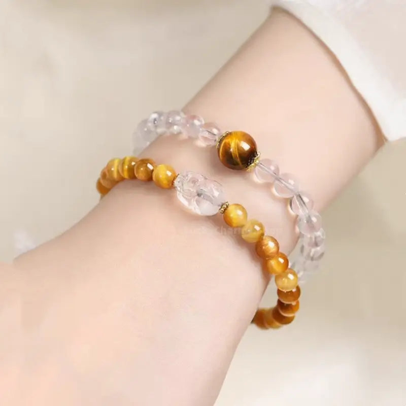 White Crystal Pixiu Yellow Tiger's Eye Double-Layer Bracelet | Women's Wealth-Attracting Elastic Jewelry-LuckyCharms.Shop