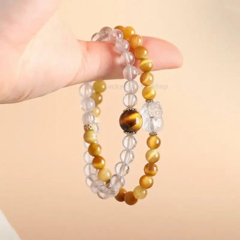 White Crystal Pixiu Yellow Tiger's Eye Double-Layer Bracelet | Women's Wealth-Attracting Elastic Jewelry-LuckyCharms.Shop