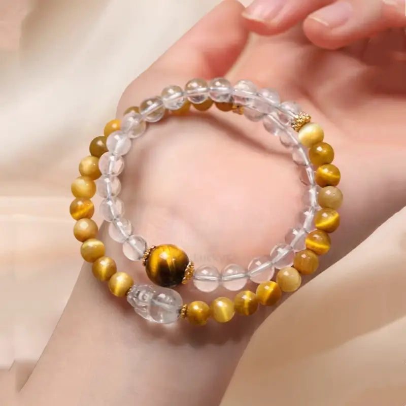 White Crystal Pixiu Yellow Tiger's Eye Double-Layer Bracelet | Women's Wealth-Attracting Elastic Jewelry-LuckyCharms.Shop