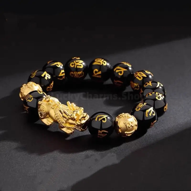 Natural Obsidian Gold-Plated Pixiu Six-Syllable Mantra Beads Bracelet-LuckyCharms.Shop