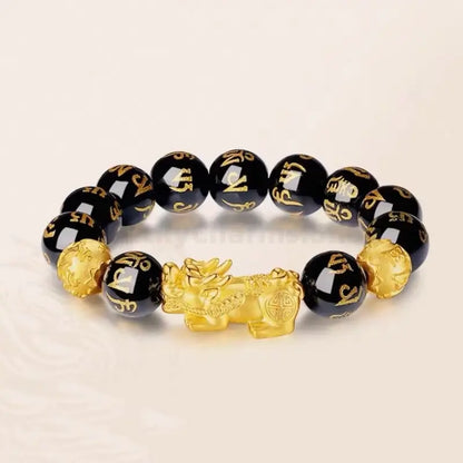Natural Obsidian Gold-Plated Pixiu Six-Syllable Mantra Beads Bracelet-LuckyCharms.Shop