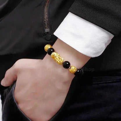 Natural Obsidian Gold-Plated Pixiu Six-Syllable Mantra Beads Bracelet-LuckyCharms.Shop