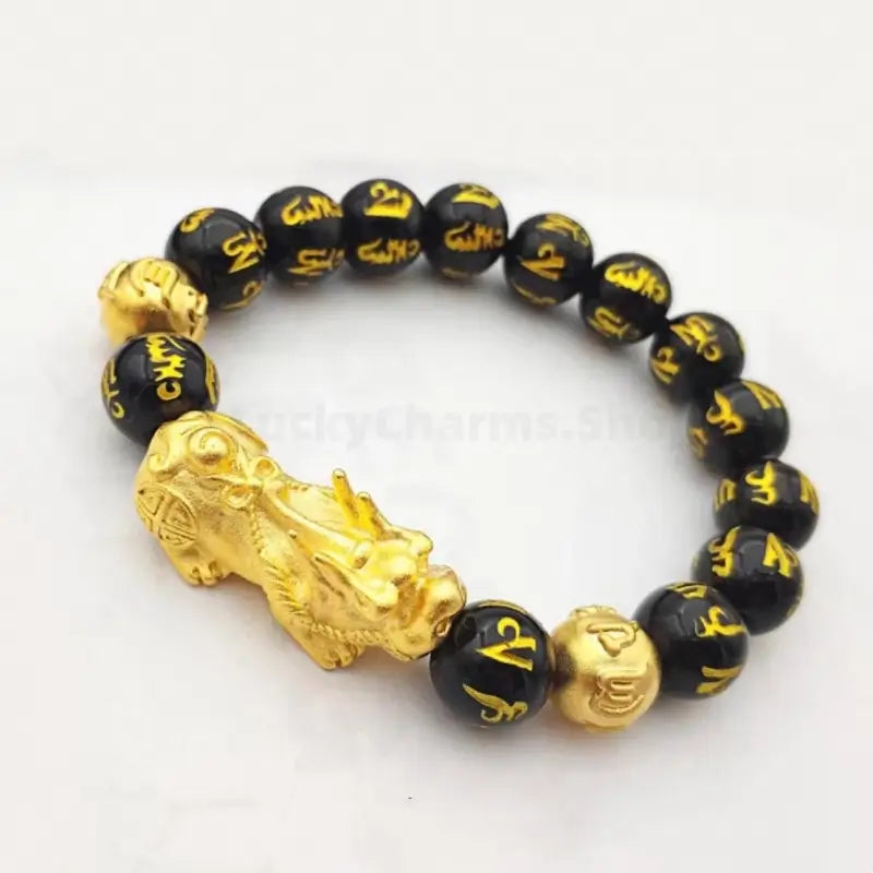 Natural Obsidian Gold-Plated Pixiu Six-Syllable Mantra Beads Bracelet-LuckyCharms.Shop