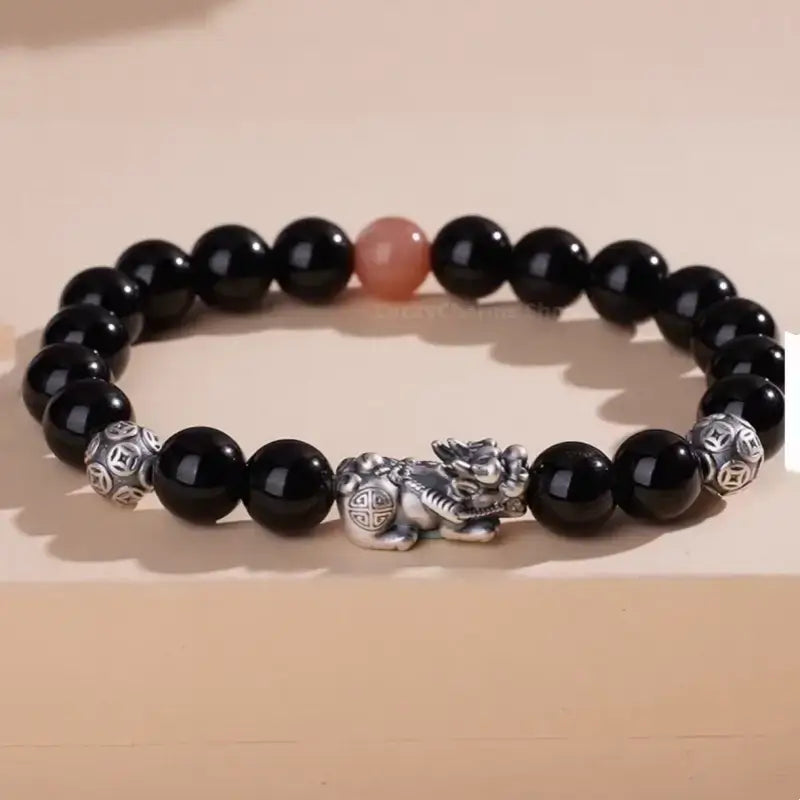 925 Silver Pixiu Coin Bead Couple Bracelets | Natural Obsidian, Sunstone & Tiger's Eye, Elastic Design-LuckyCharms.Shop