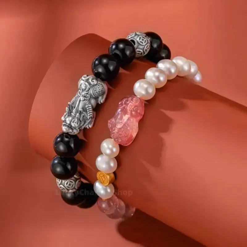 999 Silver Strawberry Quartz Pixiu Couple Bracelets | Obsidian, Pearl & Lucky Coin Beads, Elastic Design-LuckyCharms.Shop