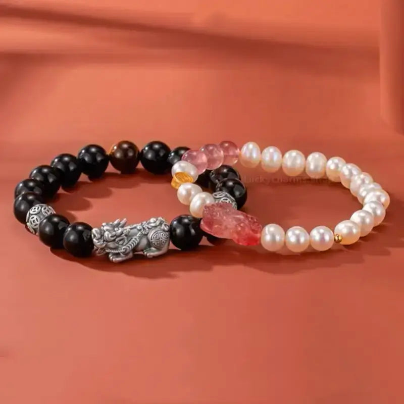 999 Silver Strawberry Quartz Pixiu Couple Bracelets | Obsidian, Pearl & Lucky Coin Beads, Elastic Design-LuckyCharms.Shop