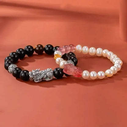 999 Silver Strawberry Quartz Pixiu Couple Bracelets | Obsidian, Pearl & Lucky Coin Beads, Elastic Design-LuckyCharms.Shop