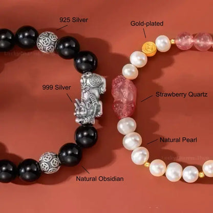999 Silver Strawberry Quartz Pixiu Couple Bracelets | Obsidian, Pearl & Lucky Coin Beads, Elastic Design-LuckyCharms.Shop