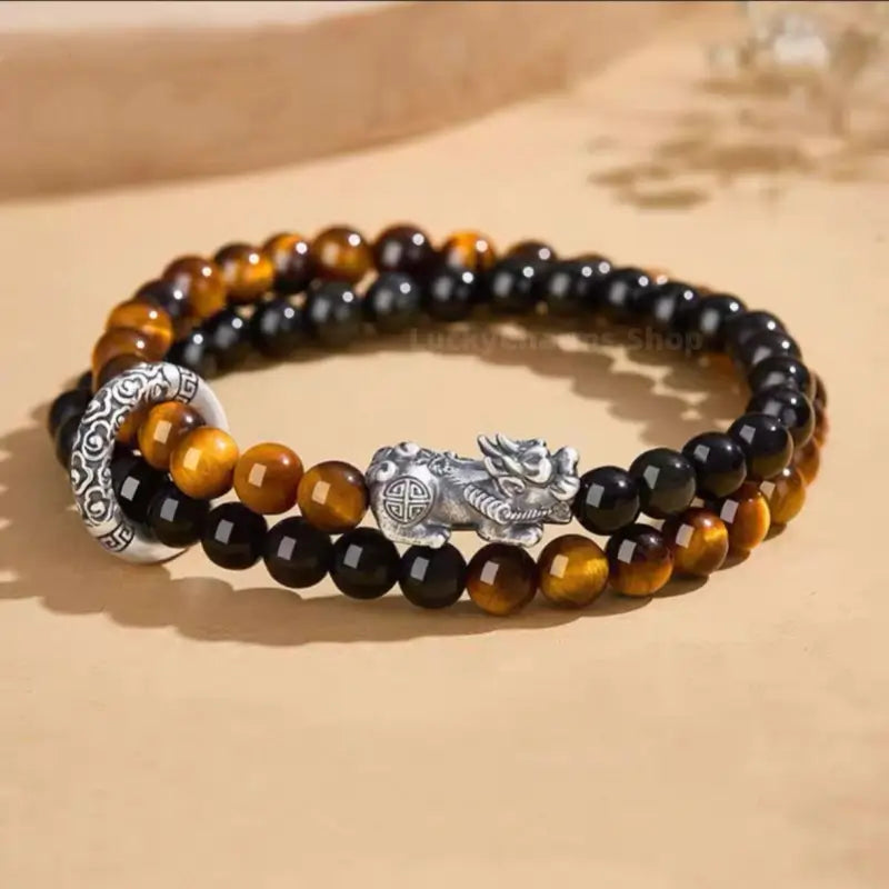999 Fine Silver Pixiu Peace Buckle Double-Layer Bracelet | Obsidian, Tiger's Eye, Elastic Fit for Men-LuckyCharms.Shop