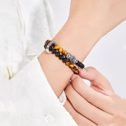 999 Fine Silver Pixiu Peace Buckle Double-Layer Bracelet | Obsidian, Tiger's Eye, Elastic Fit for Men-LuckyCharms.Shop